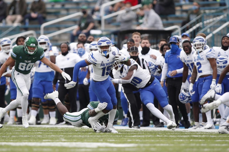 <strong>Quindell Johnson (15) in the Tigers&rsquo; game against Tulane, Dec. 5, 2020 in New Orleans, is the first Memphis football player to sign a name, image likeness deal.</strong> (Courtesy Memphis Athletics)