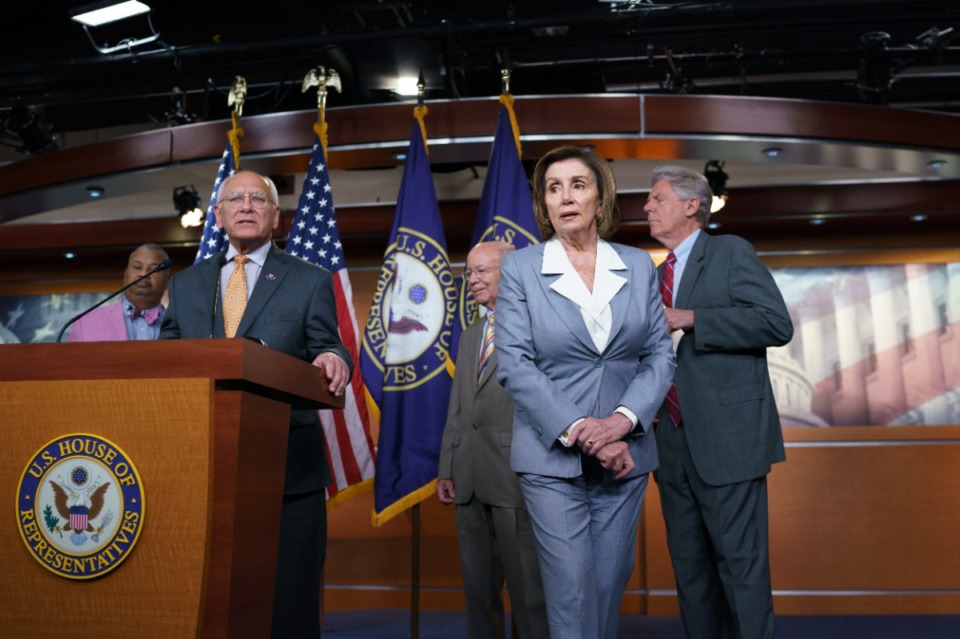 <strong>Speaker of the House Nancy Pelosi, D-Calif., is joined from left by Rep. Paul Tonko, D-N.Y., chair of the Subcommittee on Environment &amp; Climate Change, House Transportation and Infrastructure Committee Chair Peter DeFazio, D-Ore., and House Energy and Commerce Chairman Frank Pallone, D-N.J., during a Wednesday, June 30 press conference about the "INVEST in America Act," a five-year surface transportation bill.</strong> (J. Scott Applewhite/AP)