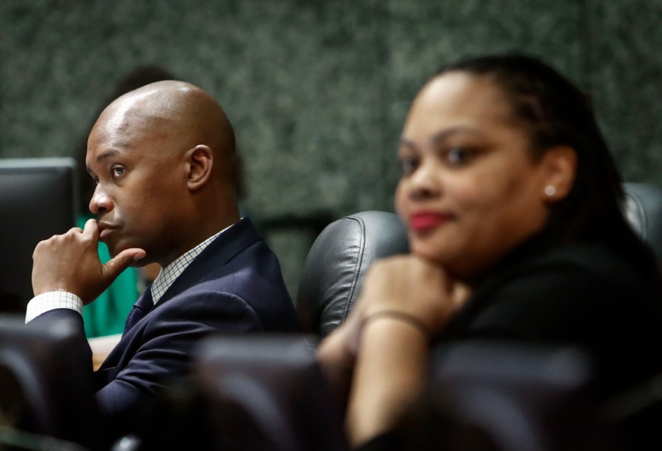 <strong>Shelby County Commissioners Van Turner (left) and Tami Sawyer listen to speakers during a session discussing budget proposals for fiscal year 2019-20.</strong> (Mark Weber/Daily Memphian file)