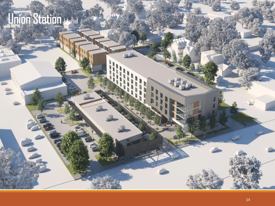 <strong>A rendering shows an aerial view of the proposed Union Station, which would include a hotel, retail building and apartments/condos.</strong>&nbsp;(Credit: designshop)