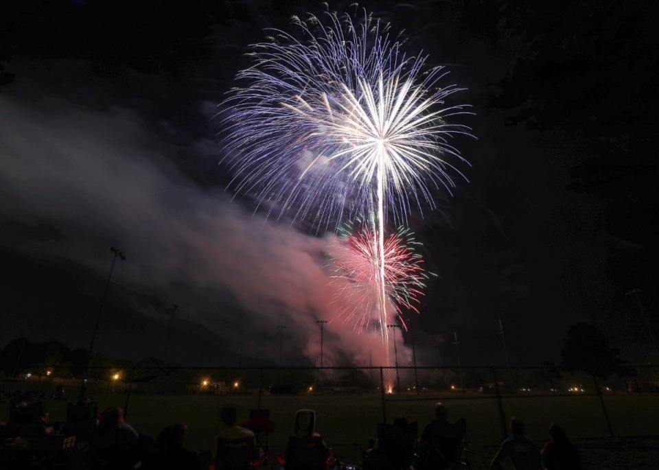 <strong>People camp out and watch the fireworks display at Collierville's Independence Day Celebration at H.W. Cox Park July 3, 2021.</strong> (Patrick Lantrip/Daily Memphian)