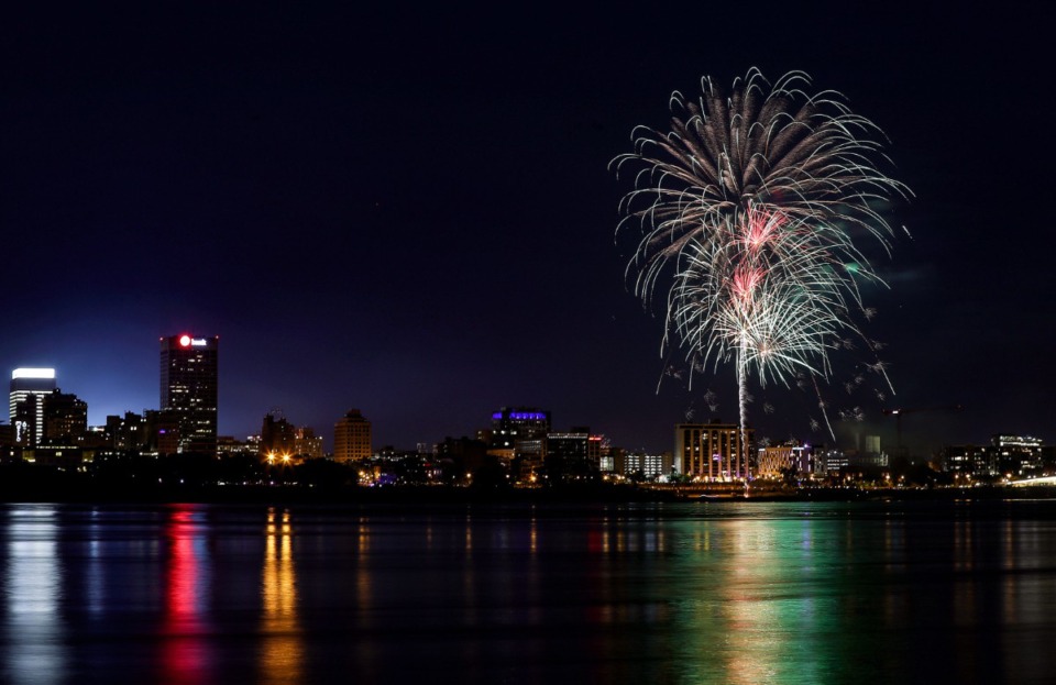 <strong>Fireworks light up the Mississippi River over Downtown Memphis July 4, 2021.</strong> (Patrick Lantrip/Daily Memphian)