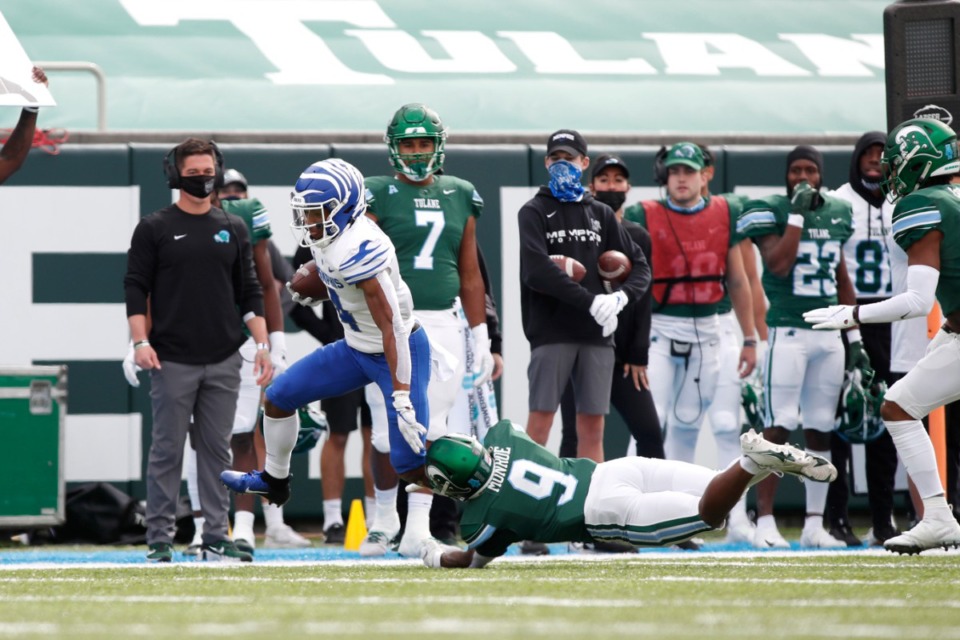 <strong>Tigers wide receiver Calvin Austin had more than 100 yards receiving, including a 59-yard touchdown, in the Tigers&rsquo; game against Tulane in New Orleans on Dec. 5, 2020. Austin was among 10 Memphis players to make Phil Steele&rsquo;s annual college football preview.</strong> (Tyler Kaufman/Associated Press file)