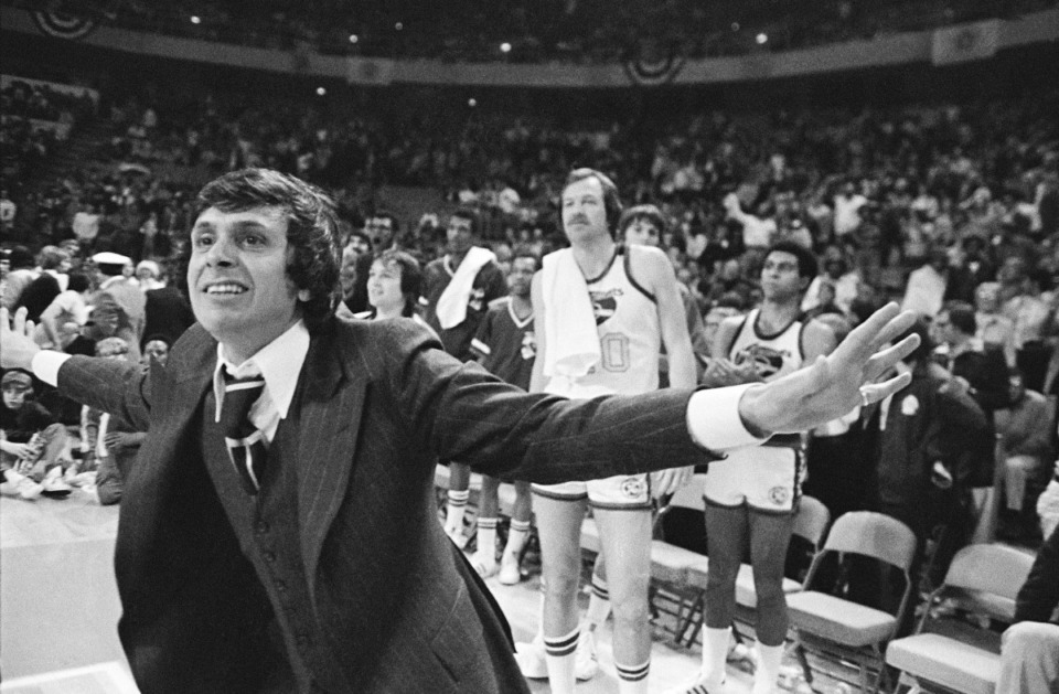 <strong>Back when he was head coach of the Denver Nuggets, Larry Brown leapt off the bench at the buzzer after his Nuggets defeated the American Basketball Association All-Stars in Denver on Jan. 28, 1976.</strong> (AP file)