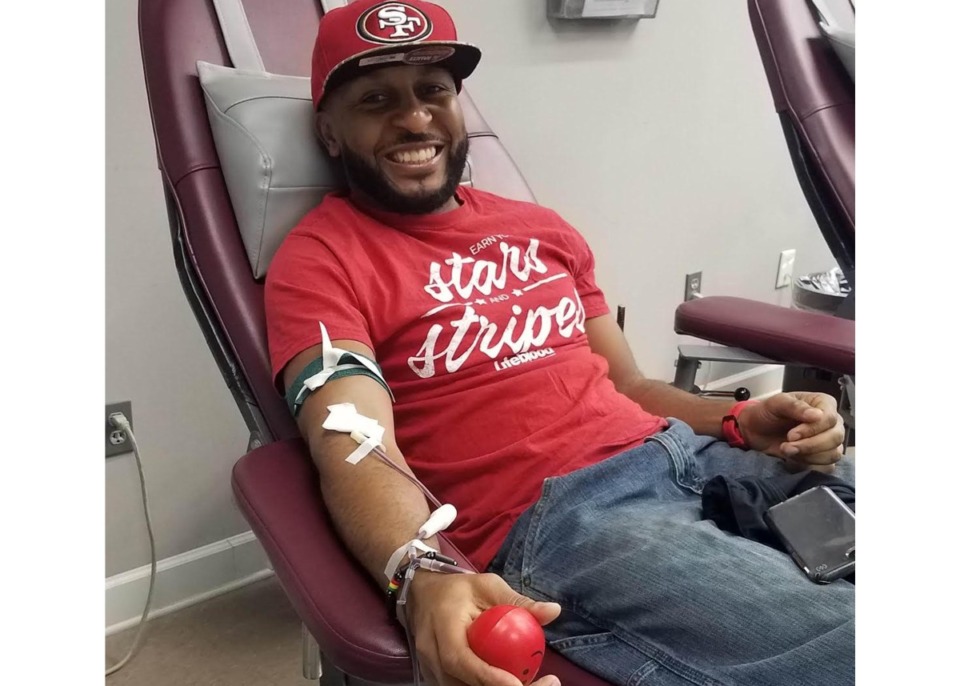 <strong>Jeffrey Mister, 38, gives blood at Brown Baptist Church in Southaven on Feb. 5.</strong> (Courtesy KQ Communications)