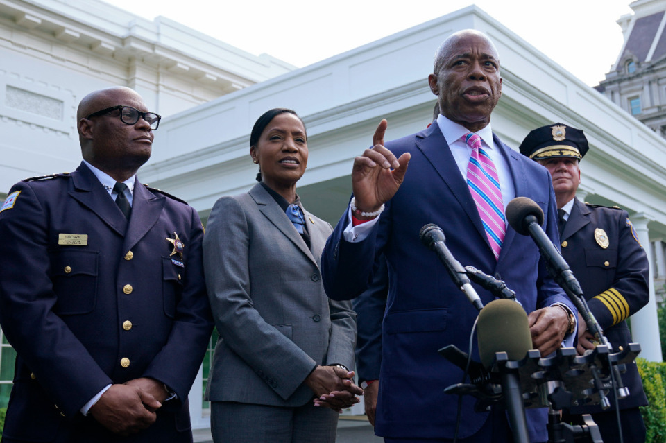 <strong>Memphis Police Chief Cerelyn &ldquo;C.J.&rdquo; Davis (second from left) listens as Brooklyn Borough President Eric Adams (second from right) talks to reporters outside the West Wing of the White House in Washington, Monday, July 12, 2021, following a meeting with President Joe Biden. Chicago Police Superintendent David Brown (left) and Wilmington Police Chief Robert Tracy (right) also listen in.</strong> (AP Photo/Susan Walsh file)