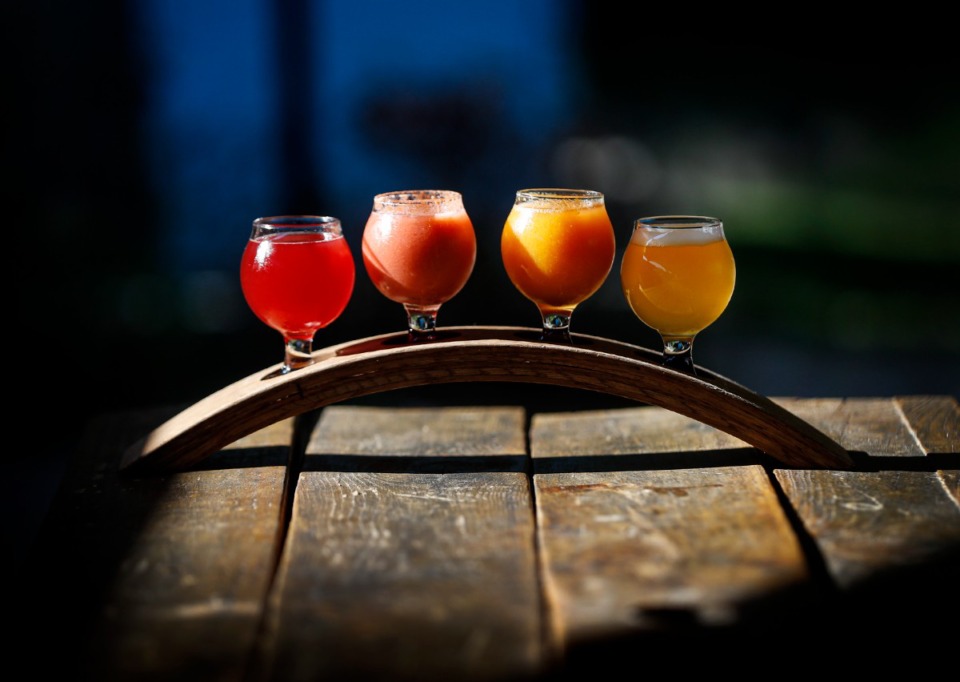 <strong>A Crosstown Brewing Co. flight of Quench Cherry Lime Sour, Guava Dog Days shandy, Mango Dog Days shandy and Traffic IPA craft beers on Wednesday, June, 23, 2021.</strong> (Mark Weber/The Daily Memphian)