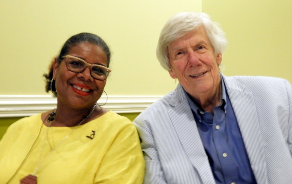 <strong>Food for Thought founder Rob Sangster (right) hosted a number of guests over the group&rsquo;s 29 years including Terri Lee Freeman, who was still president of the National Civil Rights Museum when she addressed the group in 2018.</strong> (Submitted photo)
