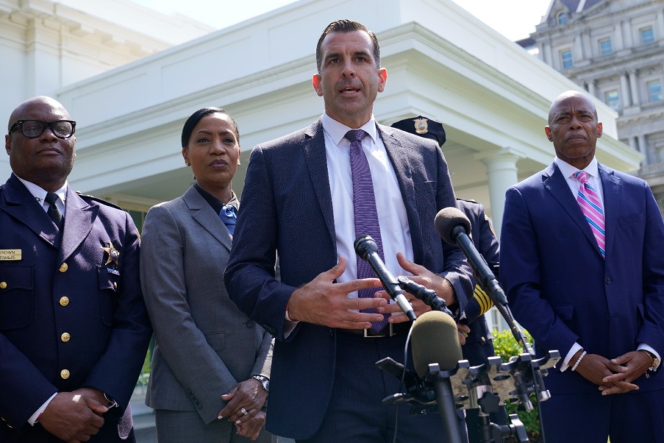 <strong>Memphis Police Chief C.J. Davis (second from left) listened as San Jose Mayor Sam Liccardo spoke to reporters outside the West Wing of the White House in Washington, Monday, July 12, 2021, following a meeting with President Joe Biden. Others included Chicago Police Superintendent David Brown (left) and Brooklyn Borough President Eric Adams.</strong> (AP Photo/Susan Walsh)