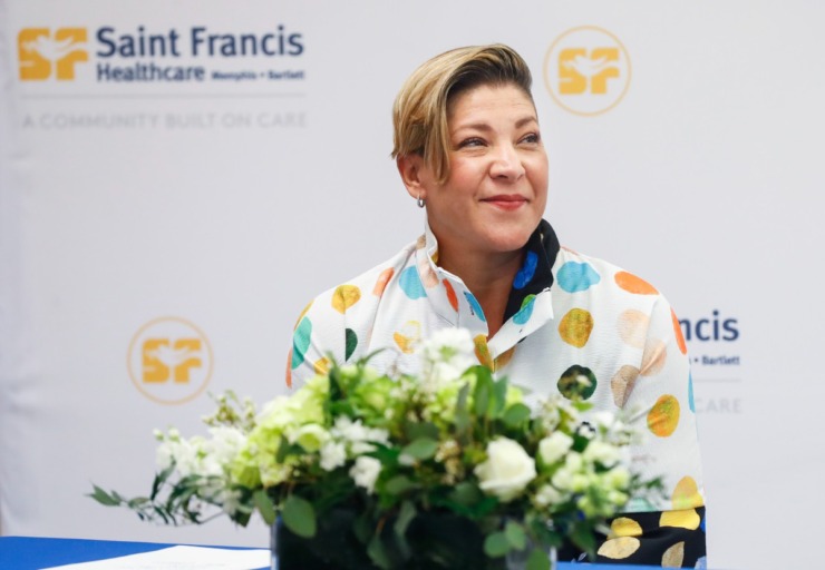 Saint Francis Memphis Market President and CEO Sally Deitch attends a press conference announcing the hospital&rsquo;s partnership with West Clinic Cancer on Tuesday, June 15, 2021. (Mark Weber/The Daily Memphian)