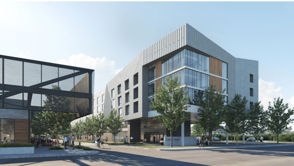 <strong>Plans for the old Memphis Police Department building on Union include a mixed-use development of a boutique hotel, condominiums and a six-bay retail strip. This rendering shows the retail building at left, with a dining patio at the front.</strong> (Credit: designshop)
