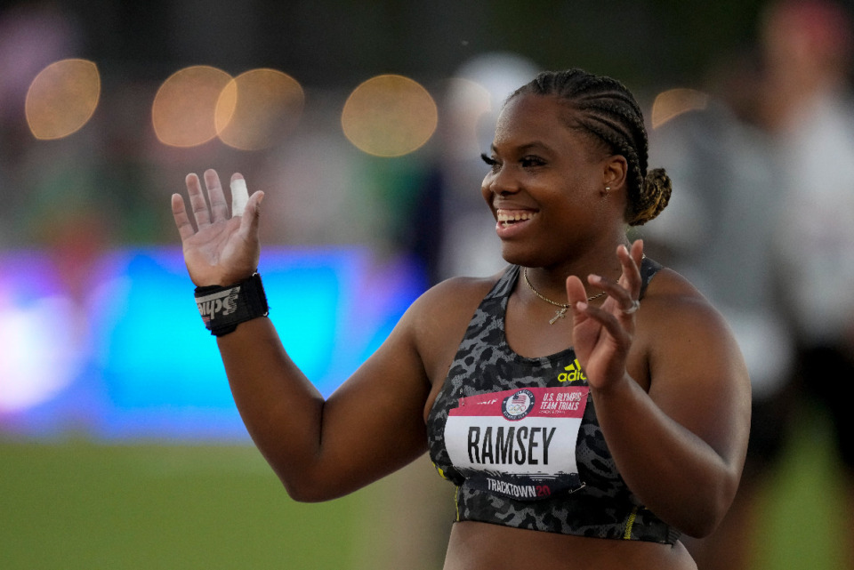 <strong>Jessica Ramsey celebrates during the finals for the women's shot put at the U.S. Olympic Track and Field Trials Thursday, June 24, 2021, in Eugene, Oregon. Ramsey, who is working at Insomnia Cookies on Beale Street, is a favorite to win a gold medal at the Olympics.&nbsp;</strong> (AP Photo/Charlie Riedel file)