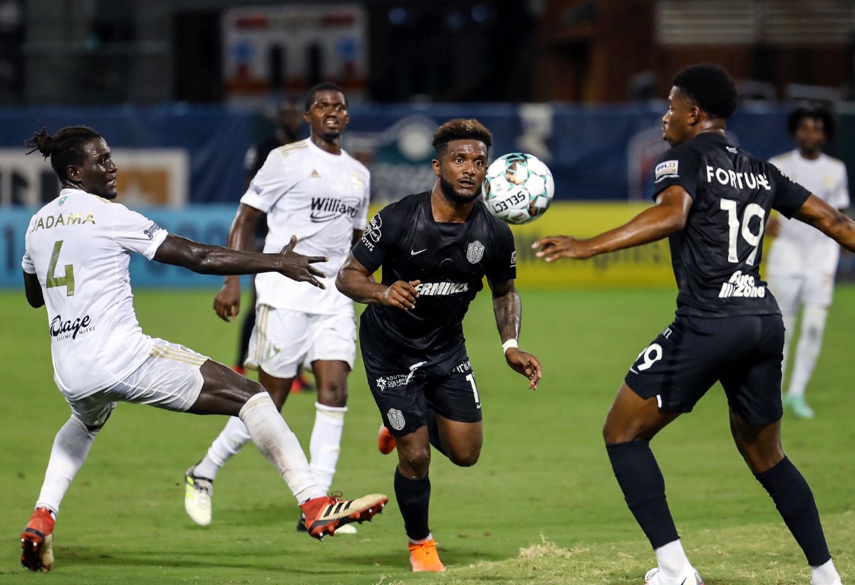 <strong>Memphis 901 FC forward Michael Salazar (11) eyes a loose ball during a July 24, 2021 match against FC Tulsa at AutoZone Park.</strong> (Patrick Lantrip/Daily Memphian)