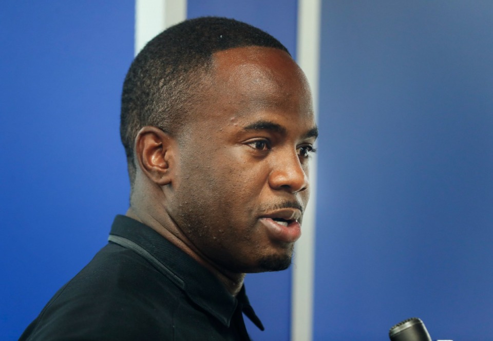 <strong>University of Memphis Running Backs coach Anthony Jones speaks during media availability on Tuesday, July 27, 2021. Jones is one of four Black coaches on Ryan Silverfield&rsquo;s staff.</strong> (Mark Weber/The Daily Memphian)