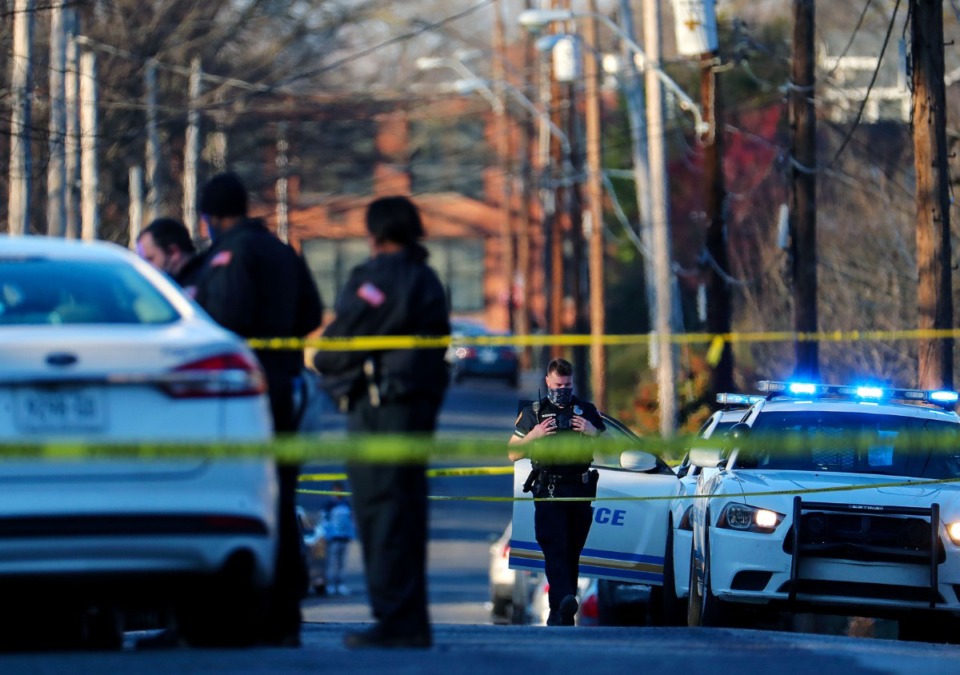 <strong>Police officers respond to a homicide in North Memphis Feb. 3, 2021. Violent crime for January through June increased in Memphis 13% compared to 2020, according to the Public Safety Institute and the Memphis Shelby County Crime Commission.</strong>&nbsp;(The Daily Memphian file)
