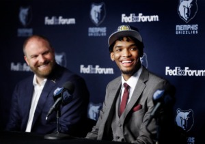 <strong>Memphis Grizzlies head coach Taylor Jenkins (left) looks on as Ziaire Williams, the No. 10 overall NBA draft pick is introduced on Friday, July 30, 2021 at The FedExForum.</strong> (Mark Weber/The Daily Memphian)