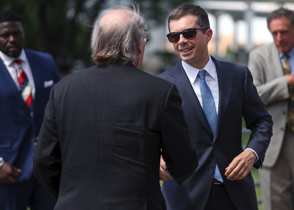 <strong>Secretary of Transportation Pete Buttigieg shakes hands with U.S. Rep Steve Cohen after speaking at the Tennessee Welcome Center in Downtown Memphis, June 3, 2021.</strong> <strong>Cohen believes Memphis needs a third bridge over the Mississippi River.</strong> (Patrick Lantrip/Daily Memphian file)