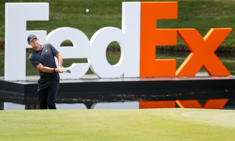 <strong>PGA golfer Rory McIlroy chips onto the 18th green during first round action at the WGC - FedEx St. Jude Invitational on Thursday, August 5, 2021 at TPC Southwind.</strong> (Mark Weber/The Daily Memphian)