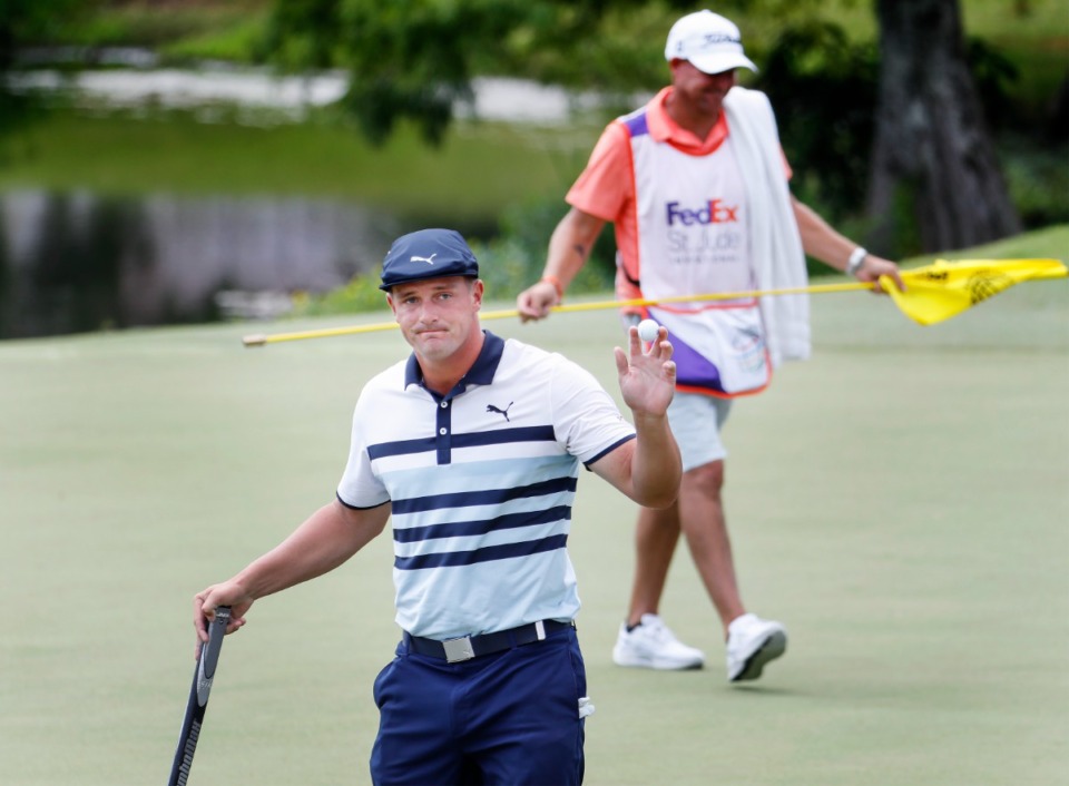<strong>PGA golfer Bryson DeChambeau waves to the crowd after completing the first round of the WGC-FedEx St. Jude Invitational on Thursday, Aug. 5, 2021, at TPC Southwind.</strong> (Mark Weber/The Daily Memphian)
