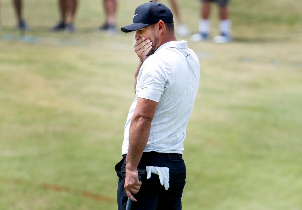 <strong>PGA golfer Brooks Koepka reacts to his missed putt on the 18th green&nbsp;during the first round of the WGC-FedEx St. Jude Invitational on Thursday, Aug. 5, 2021, at TPC Southwind.</strong> (Mark Weber/The Daily Memphian)