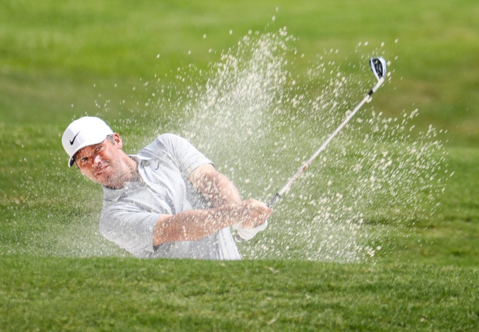 <strong>PGA golfer Paul Casey hits out of the 18th hole fairway bunker&nbsp;during the first round of the WGC-FedEx St. Jude Invitational on Thursday, Aug. 5, 2021, at TPC Southwind.</strong> (Mark Weber/The Daily Memphian)
