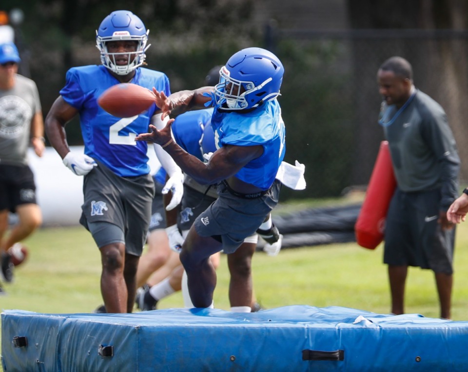 <strong>Memphis running back Marquavius Weaver runs a play during first day of practice on Friday, Aug. 6, 2021.</strong> (Mark Weber/The Daily Memphian)