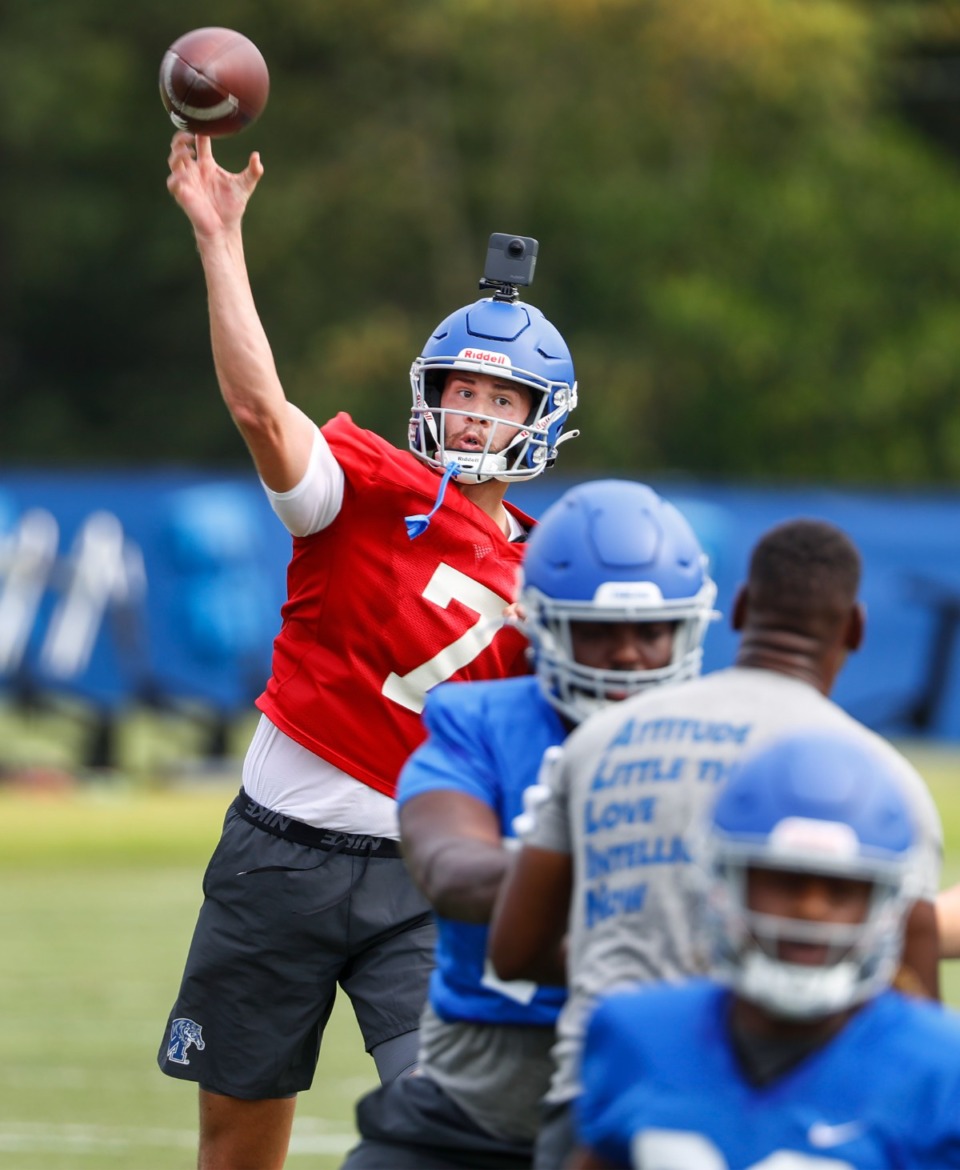 <strong>Memphis quarterback Grant Gunnell makes a throw during first day of practice on Friday, Aug. 6, 2021.</strong> (Mark Weber/The Daily Memphian)