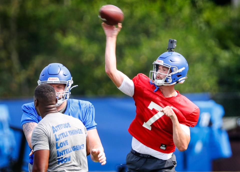 <strong>Memphis quarterback Grant Gunnell makes a throw during first day of practice on Friday, Aug. 6, 2021.</strong> (Mark Weber/The Daily Memphian)