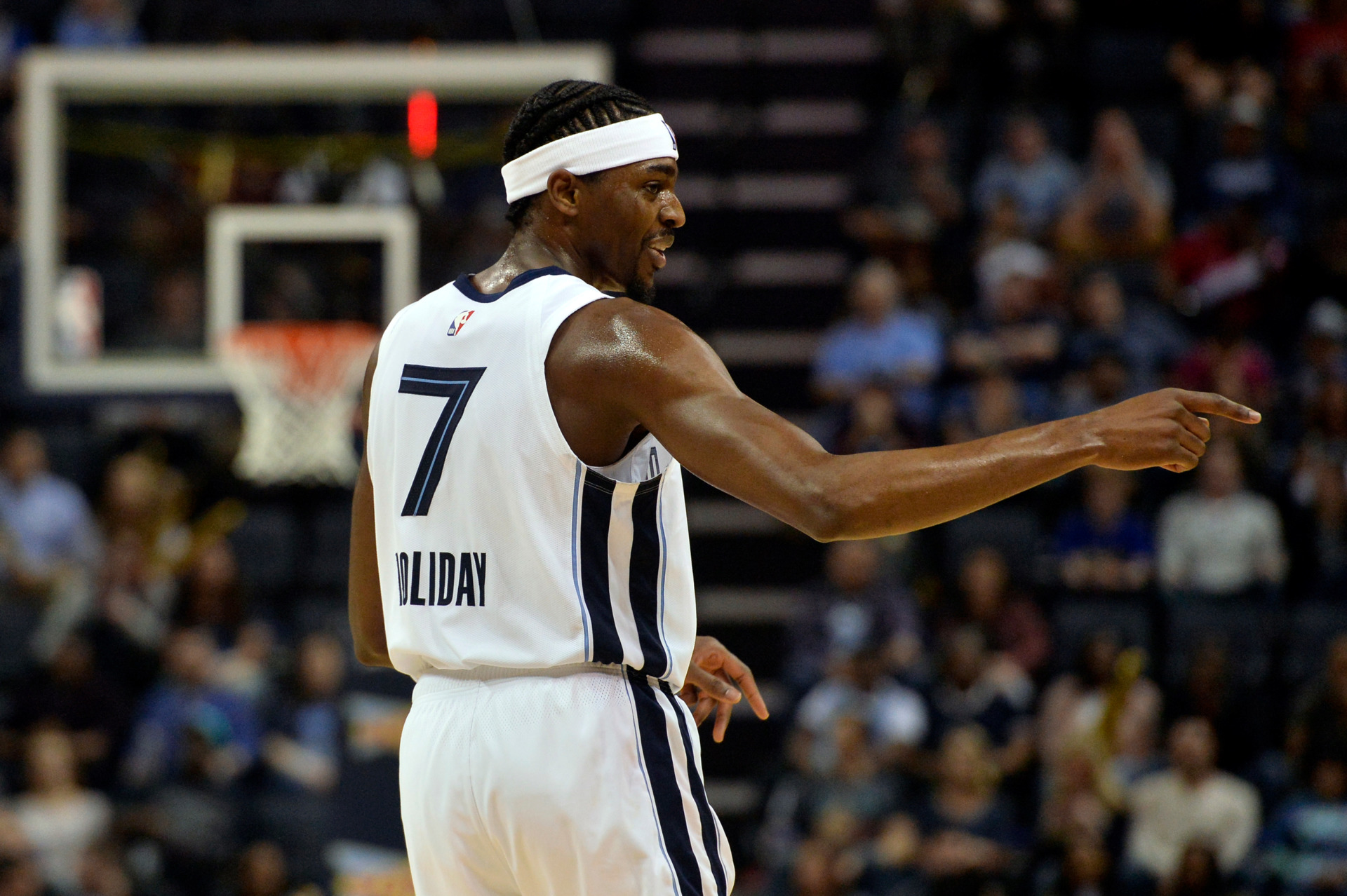 <span><strong>Memphis Grizzlies forward Justin Holiday (7) reacts in the second half of an NBA basketball game against the Minnesota Timberwolves Tuesday, Feb. 5, 2019, in Memphis, Tenn.</strong> (AP Photo/Brandon Dill)</span>