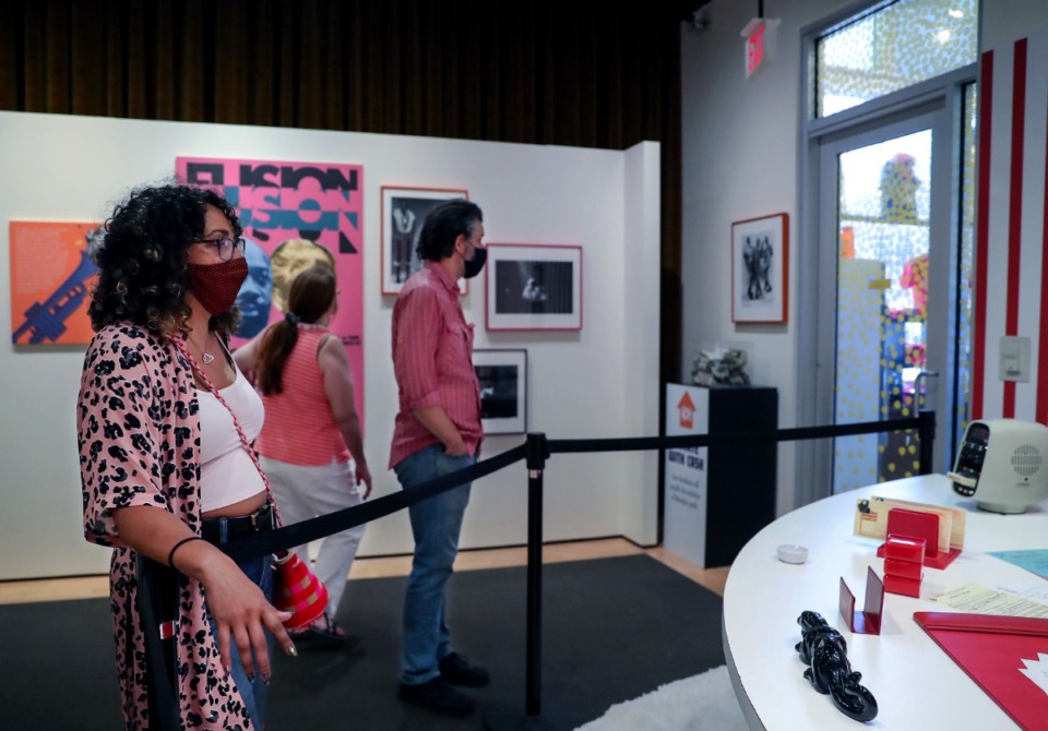 <strong>Soraya Kabbaj (from left), Karen Owen and Alex Owen check out the &ldquo;Solid Gold Soul&rdquo; exhibit while touring the Stax Museum Aug. 4, 2021.</strong> (Patrick Lantrip/Daily Memphian)