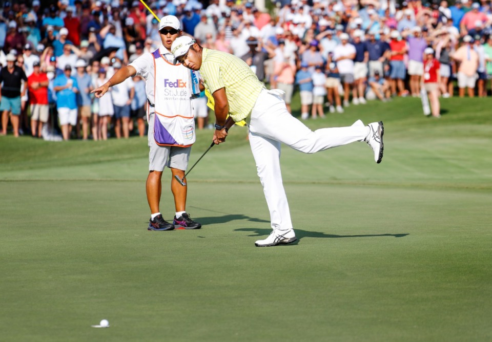 <strong>PGA golfer Hideki Matsuyama reacts after lipping out his putt on the first playoff hole during final round action of the WGC-FedEx St. Jude Invitational on Sunday, Aug. 8, 2021 at TPC Southwind.</strong> (Mark Weber/The Daily Memphian)