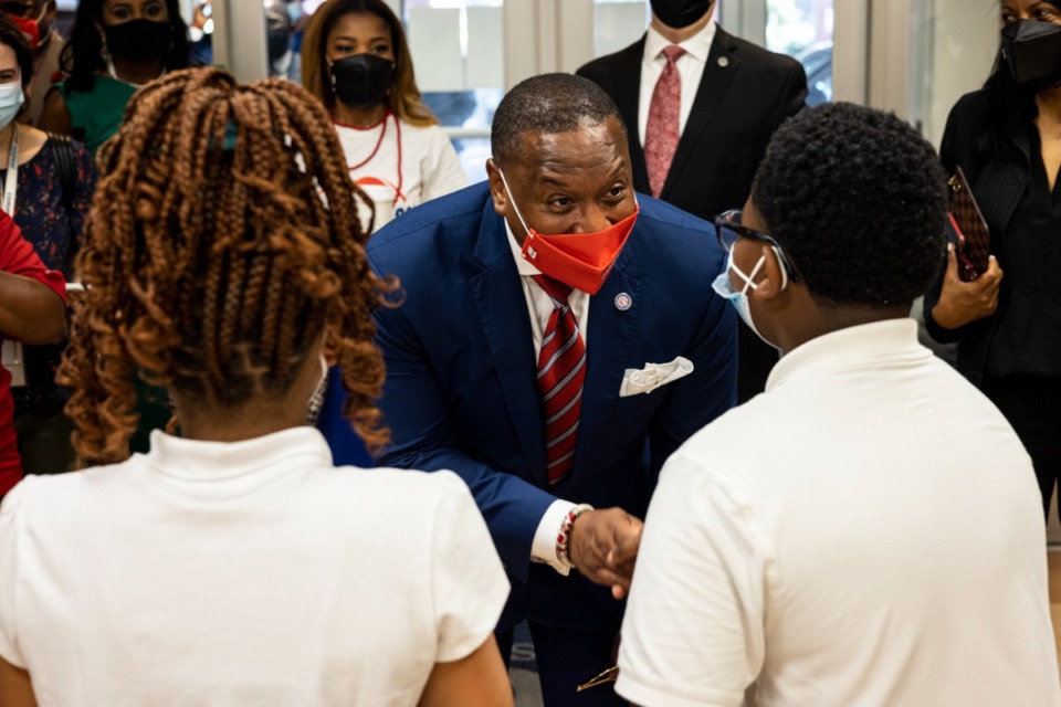 <strong>Shelby County Schools Superintendent Joris Ray greets students at Bruce Elementary on Monday, Aug. 9.</strong> (Brad Vest/Special to the Daily Memphian)
