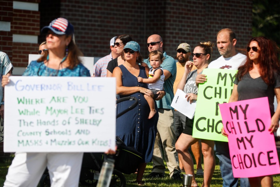 <strong>Protesters gather outside Collierville Schools administration building on Monday, Aug. 9, to show their opposition to the Shelby County Health Department&rsquo;s mandate requiring&nbsp; masking in schools.</strong> (Mark Weber/Daily Memphian)