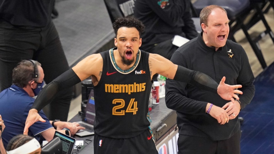 <strong>Dillon Brooks (24) and Grizzlies head coach Taylor Jenkins react during Game 1 of the playoff series against the Utah Jazz on May 23 in Salt Lake City. (</strong>Rick Bowmer/AP file)