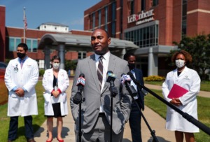 <strong>County officials, including Shelby County Mayor Lee Harris, toured Le Bonheur Children&rsquo;s Hospital on Friday, Aug. 13.&nbsp;&ldquo;One of the really, really hard truths is that this hospital, this community asset, is really under strain right now,&rdquo; Harris said at a press briefing afterward.</strong> (Patrick Lantrip/Daily Memphian)