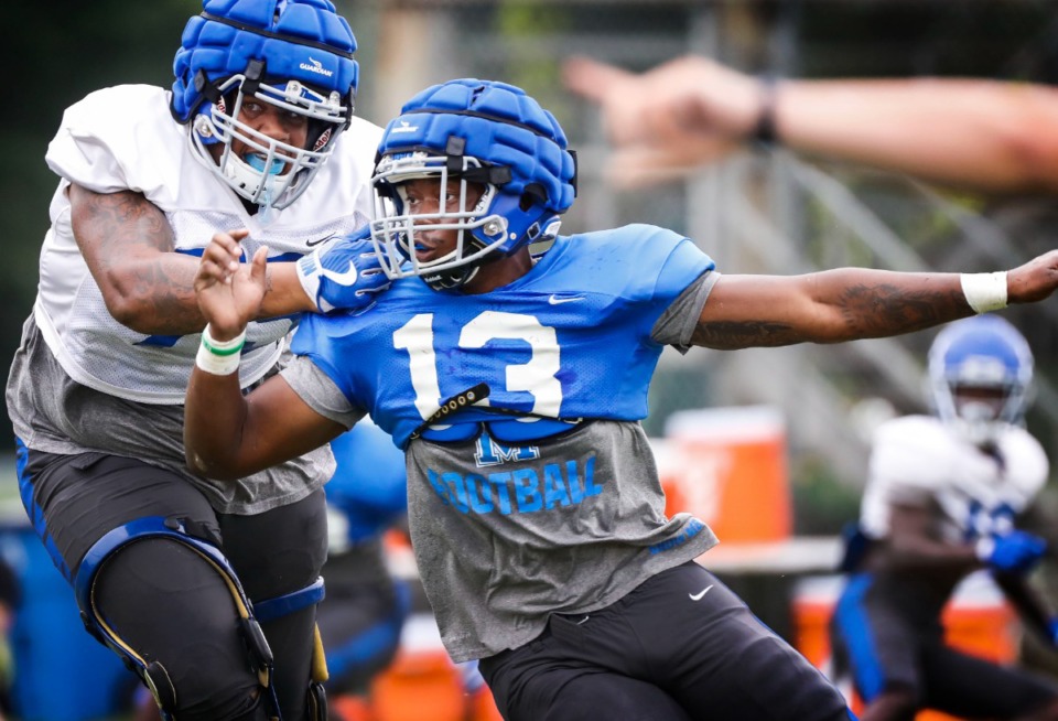 <strong>University of Memphis defensive end Jalil Clemons (right) rushes by teammate Matt Dale (left) during practice Friday, Aug. 23, 2019.</strong> (Mark Weber/Daily Memphian file)