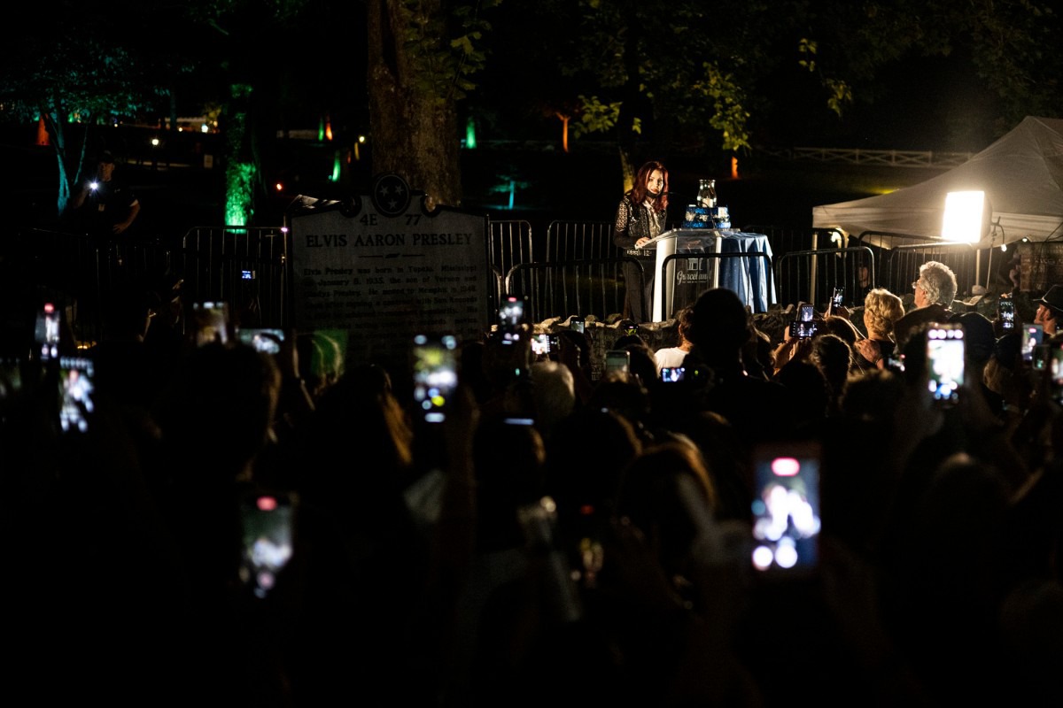 <strong>Priscilla Presley speaks during the Elvis Week 2021 Candlelight Vigil on Sunday, Aug. 15, 2021 at Graceland.</strong> (Brad Vest/Special to The Daily Memphian)