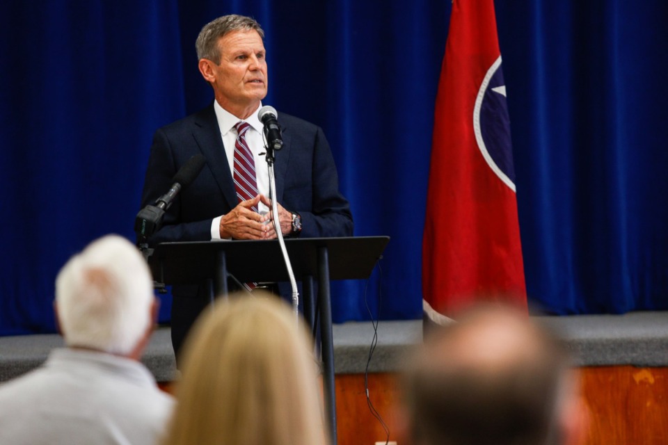 <strong>Gov. Bill Lee makes a speech at McConnell Elementary School Wednesday, Aug. 11, 2021. In less than 24 hours, hundreds of health care workers from across Tennessee have signed an open letter taking Lee to task for making masking voluntary in K-12 schools.</strong> (Troy Stolt/Chattanooga Times Free Press via AP)