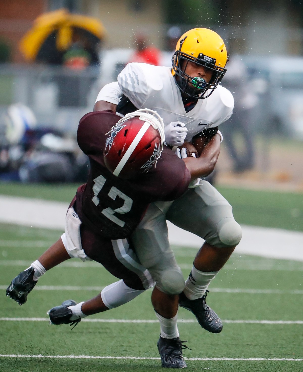 <strong>MAHS receiver Jalen Shelton (back) lays out MASE&rsquo;s Keshione Walton (front) on Thursday, Aug. 19, 2021.</strong> (Mark Weber/The Daily Memphian)