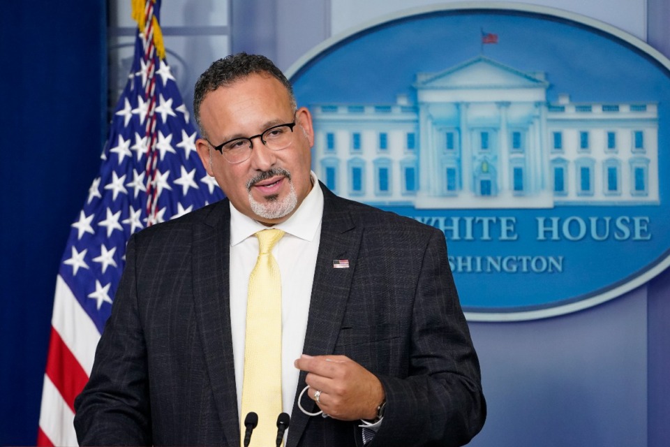 <strong>Education Secretary Miguel Cardona (at a daily briefing at the White House) said&nbsp;the blocking of &ldquo;science-based strategies&rdquo; for preventing the virus &ldquo;may infringe upon a school district&rsquo;s authority to adopt policies to protect students and educators.&rdquo;</strong> (Susan Walsh/AP)
