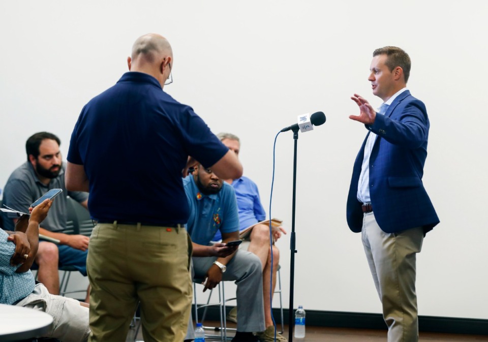 <strong>University of Memphis head coach Ryan Silverfield (at a media availability on July 27) said more than 80% of his players will be vaccinated by the season opener Sept. 4 against Nicholls State.</strong> (Mark Weber/Daily Memphian)