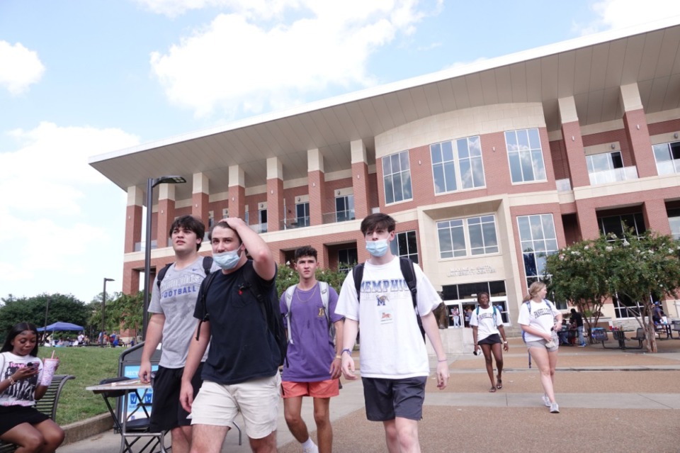 <strong>Many University of Memphis students wore masks even outside as they returned to campus on Monday, Aug. 23.</strong> (Karen Pulfer Focht/Special to the Daily Memphian)
