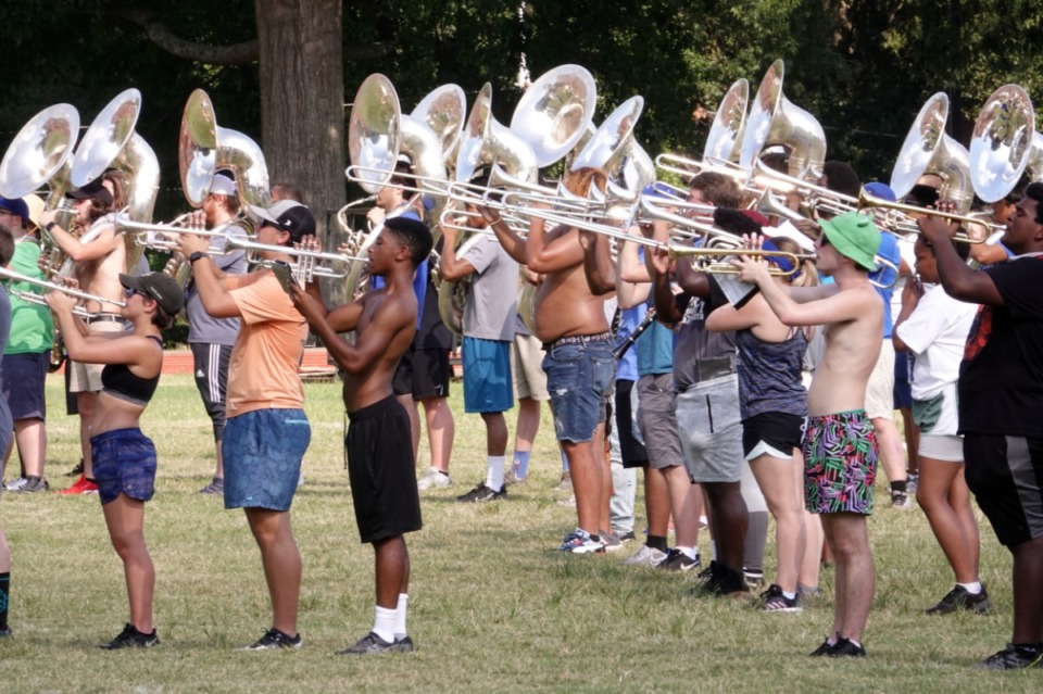 <strong>The Mighty Sound of the South marching band practices at the University of Memphis on Monday, Aug. 23.</strong> (Karen Pulfer Focht/Special to the Daily Memphian)