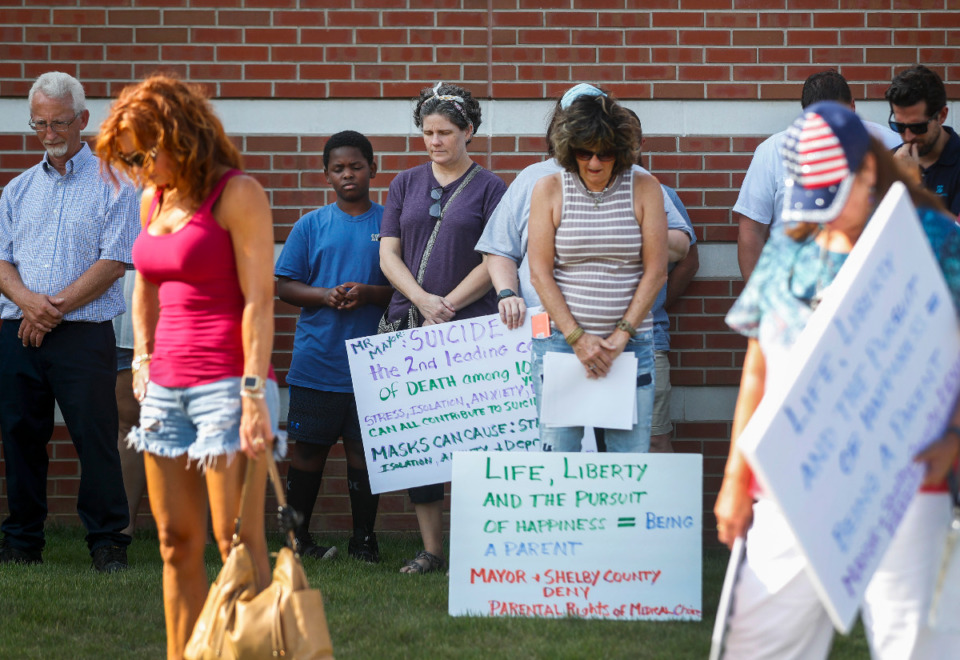 <strong>On Tuesday, Aug. 24, some Collierville parents addressed the Collierville Schools Board of Education regarding masks in schools. Back on Aug. 9, protesters (in file photo) gathered outside the Collierville Schools administration building in opposition to Shelby County Health Department&rsquo;s mandate for universal masking in schools.</strong> (Mark Weber/The Daily Memphian)