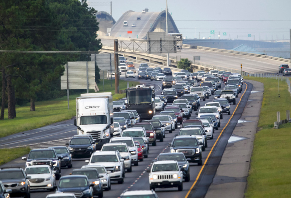 <strong>Interstate 10 near Slidell, La., is packed with evacuees heading east Saturday, Aug. 28, 2021, as Hurricane Ida approaches.</strong> (Scott Threlkeld/The Times-Picayune/The New Orleans Advocate via AP)