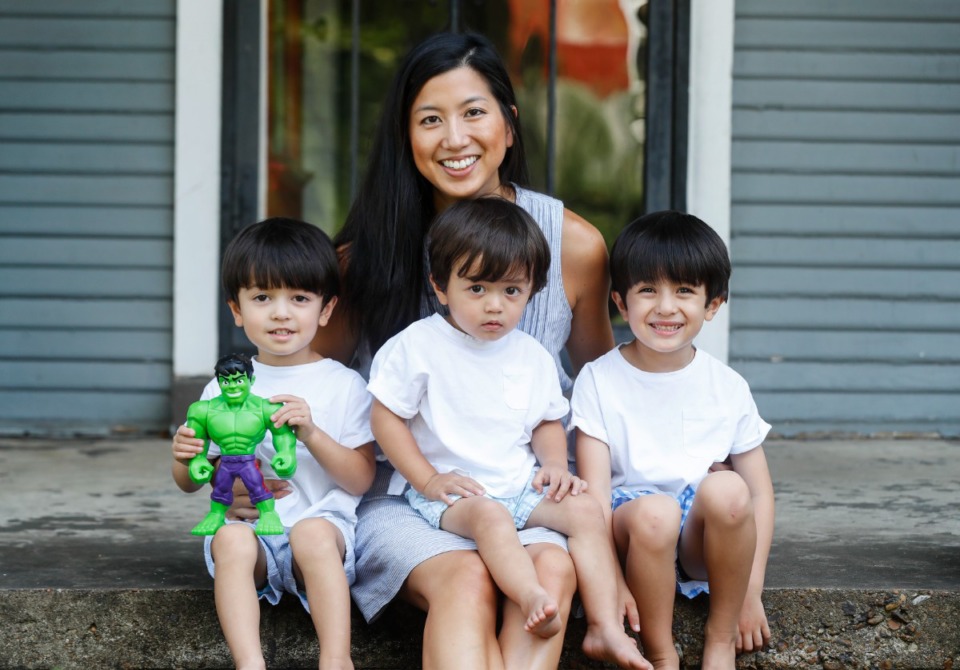<strong>Dr. Joyce Hoffman sits on her front porch with her sons (left to right) Grant, 3; Dean, 1; and John, 5; on Wednesday, Sept. 1, 2021. All of Dr. Hoffman&rsquo;s sons are taking part in a St. Jude Children&rsquo;s Research Hospital pediatric vaccine trial. </strong>(Mark Weber/The Daily Memphian)