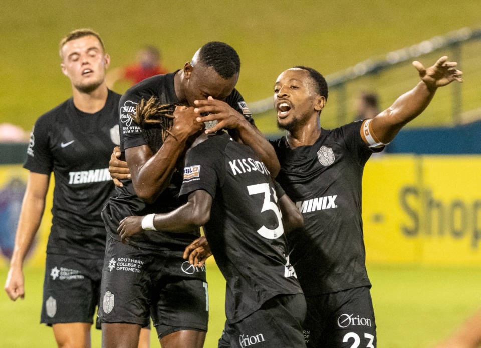 <strong>Memphis 901 FC teammates celebrate after mid-fielder Laurent Kissiedou scores in the last seconds of the first period in Saturday's contest with the Birmingham Legion.</strong> (Greg Campbell/Special to The Daily Memphian)
