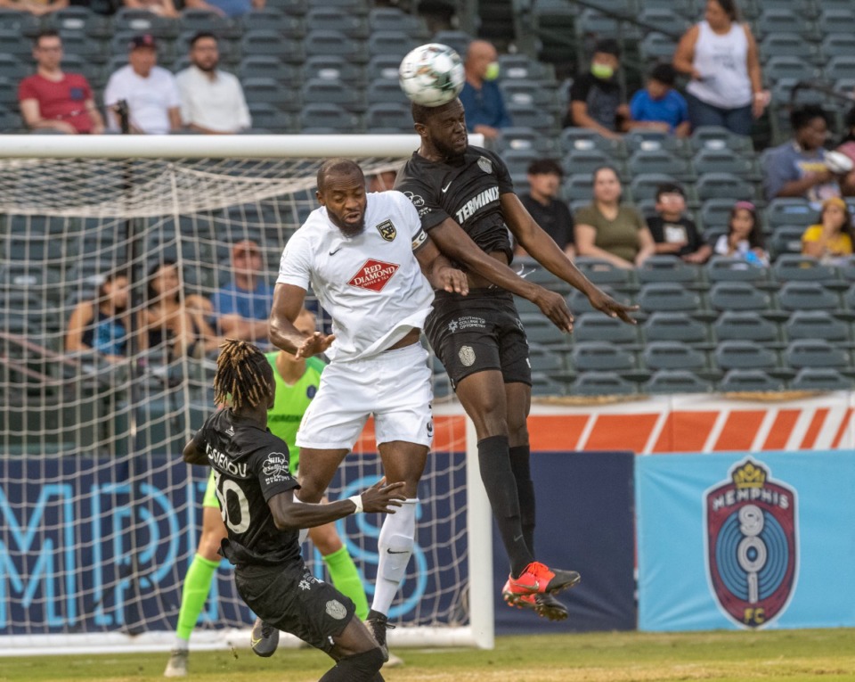 <strong>Memphis 901 FC's Skylar Thomas battles Birmingham Legion's Phanuel Kavita for posession of the ball in Saturday's match at AutoZone Park.</strong> (Greg Campbell/Special to The Daily Memphian)