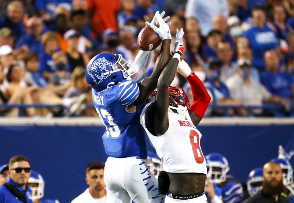 <strong>University of Memphis receiver Javon Ivory goes up for a catch during a Sept. 4, 2021 game against Nicholls State at Liberty Bowl Memorial Stadium.</strong> (Patrick Lantrip/Daily Memphian)