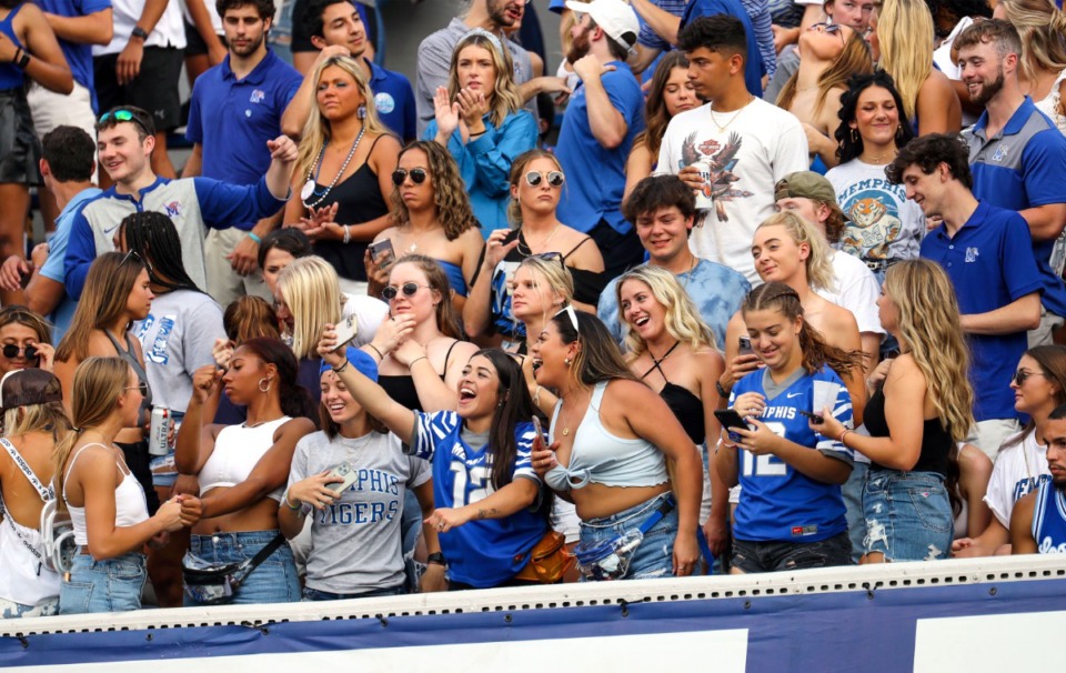 <strong>University of Memphis fans take a selfie during a Sept. 4, 2021 game against Nicholls State.</strong> (Patrick Lantrip/Daily Memphian)